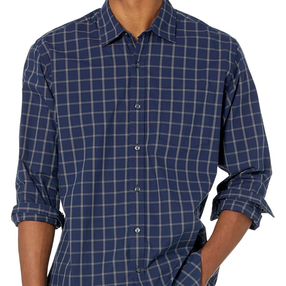 Men's Regular-Fit Long-Sleeve Casual Poplin Shirt Size XXL Navy Windowpane